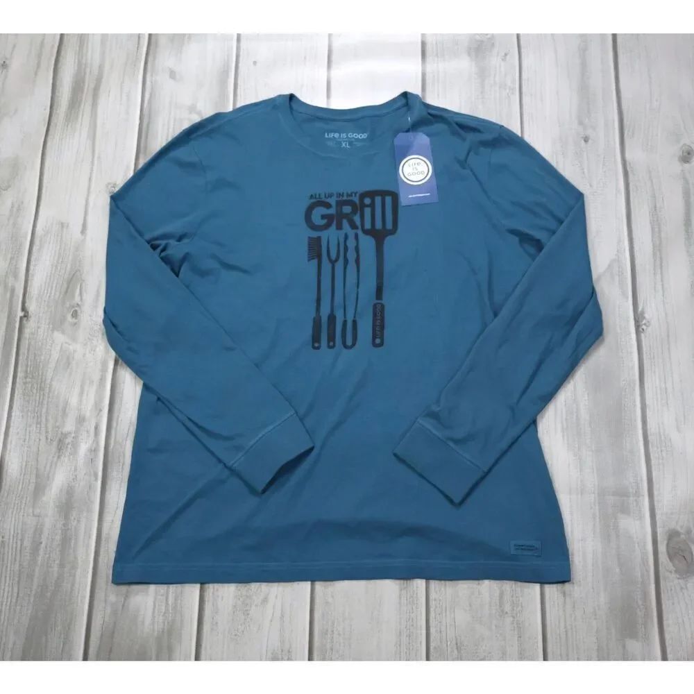 NEW Life is Good Men L/S Crusher Lite Tee All Up in my Grill Blue XL 71733